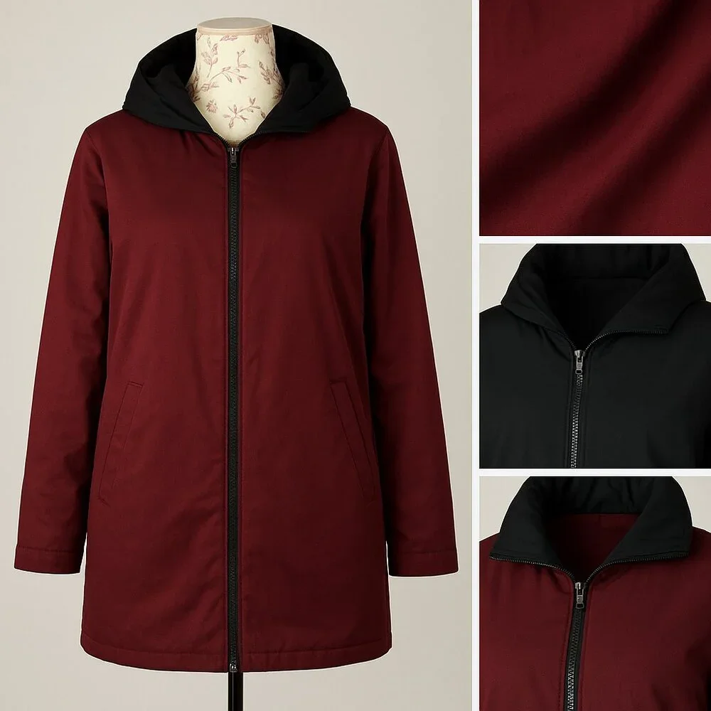 Vintage Reversible Zip-Up Coat — Burgundy & Black, Classic Minimalist Style